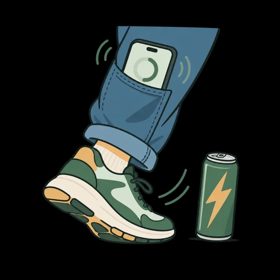 A walking shoe with a phone in the pocket