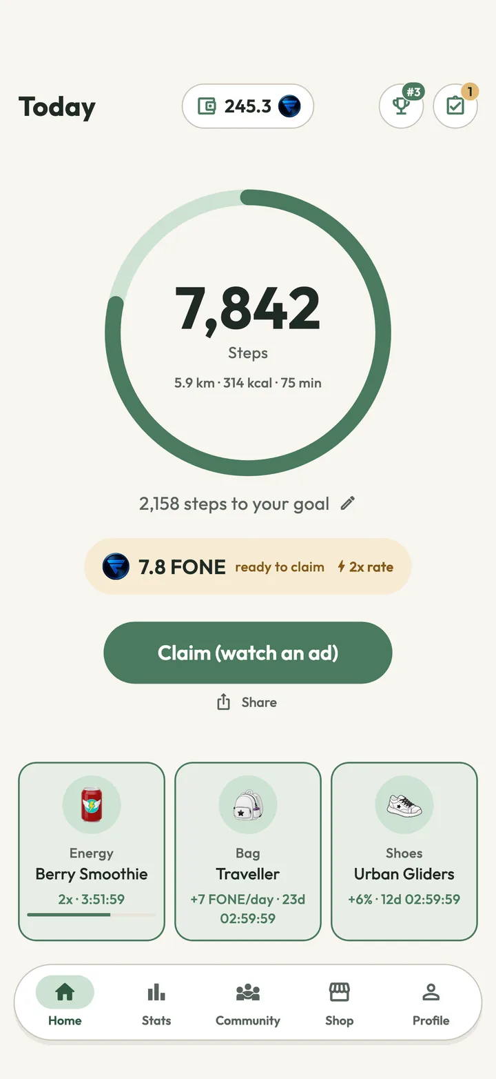 MythoWalk home screen with today's steps